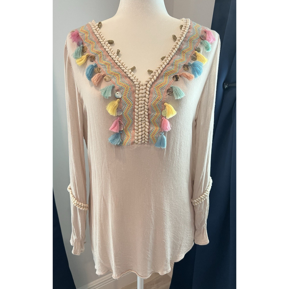 SOFT SURROUNDINGS Women's Tunic Top Pullover Rayon Shirt Size Medium Boho Hippie